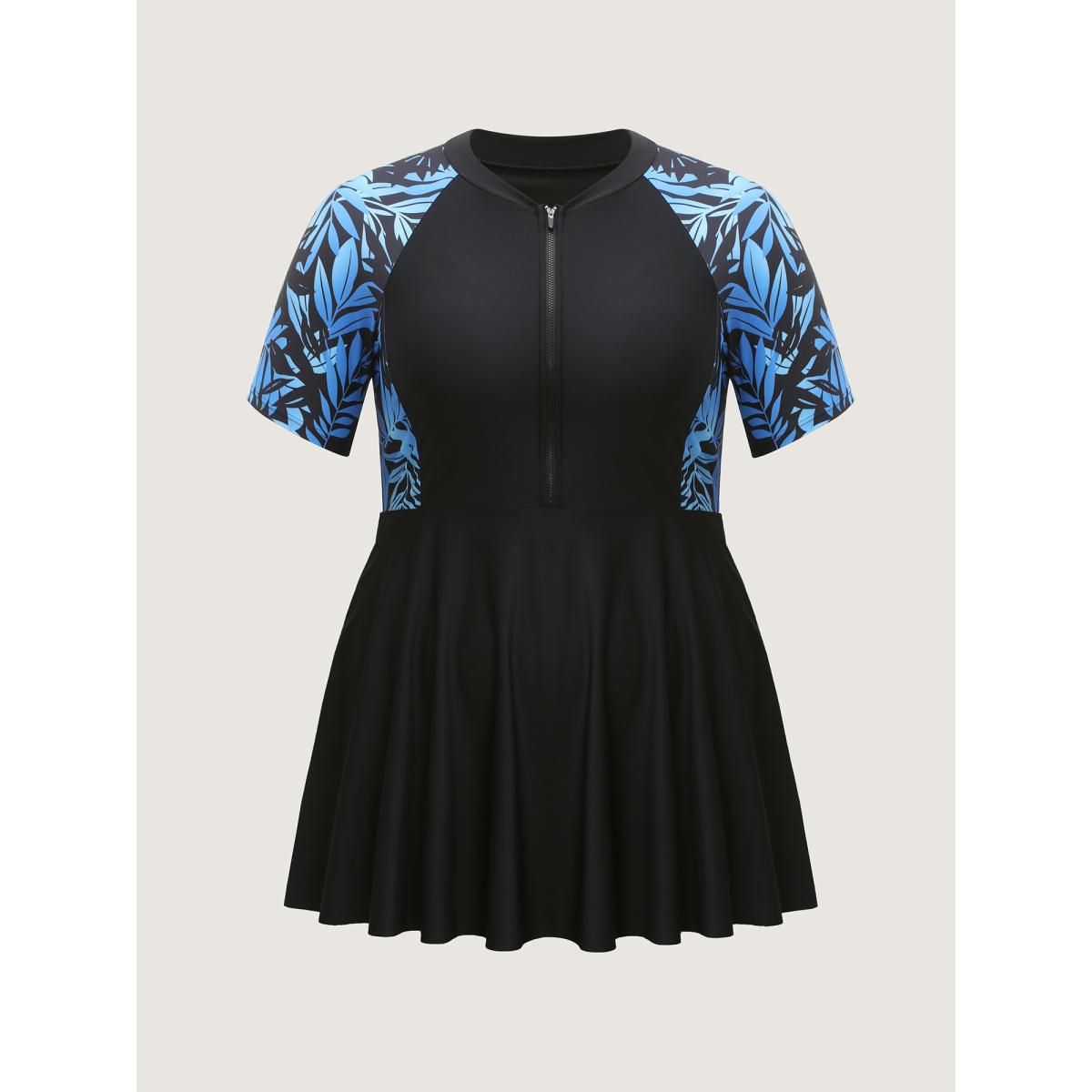 Plus Size Tropical Print Zipper Spliced Swim Dress Women's Swimwear Black Beach Bodycon Round Neck High stretch Curve Swim Dresses BloomChic 12/L Product Image
