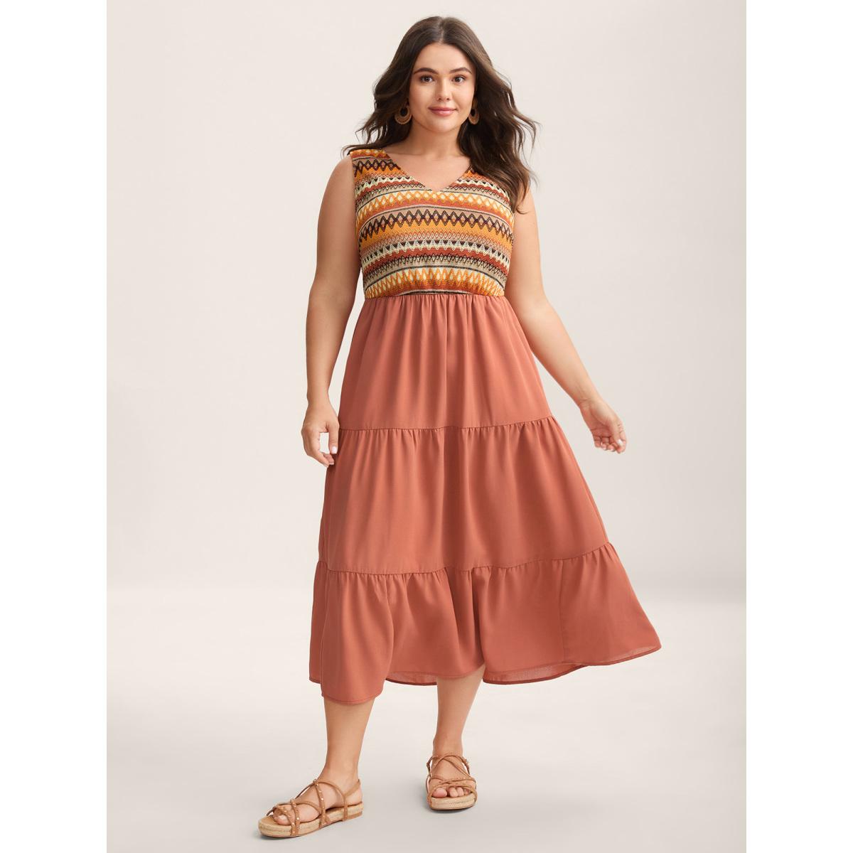 Plus Size Boho Stripes V-Neck Pockets Midi Dress Coral Women V-neck Sleeveless Curvy BloomChic 18-20/2X Product Image