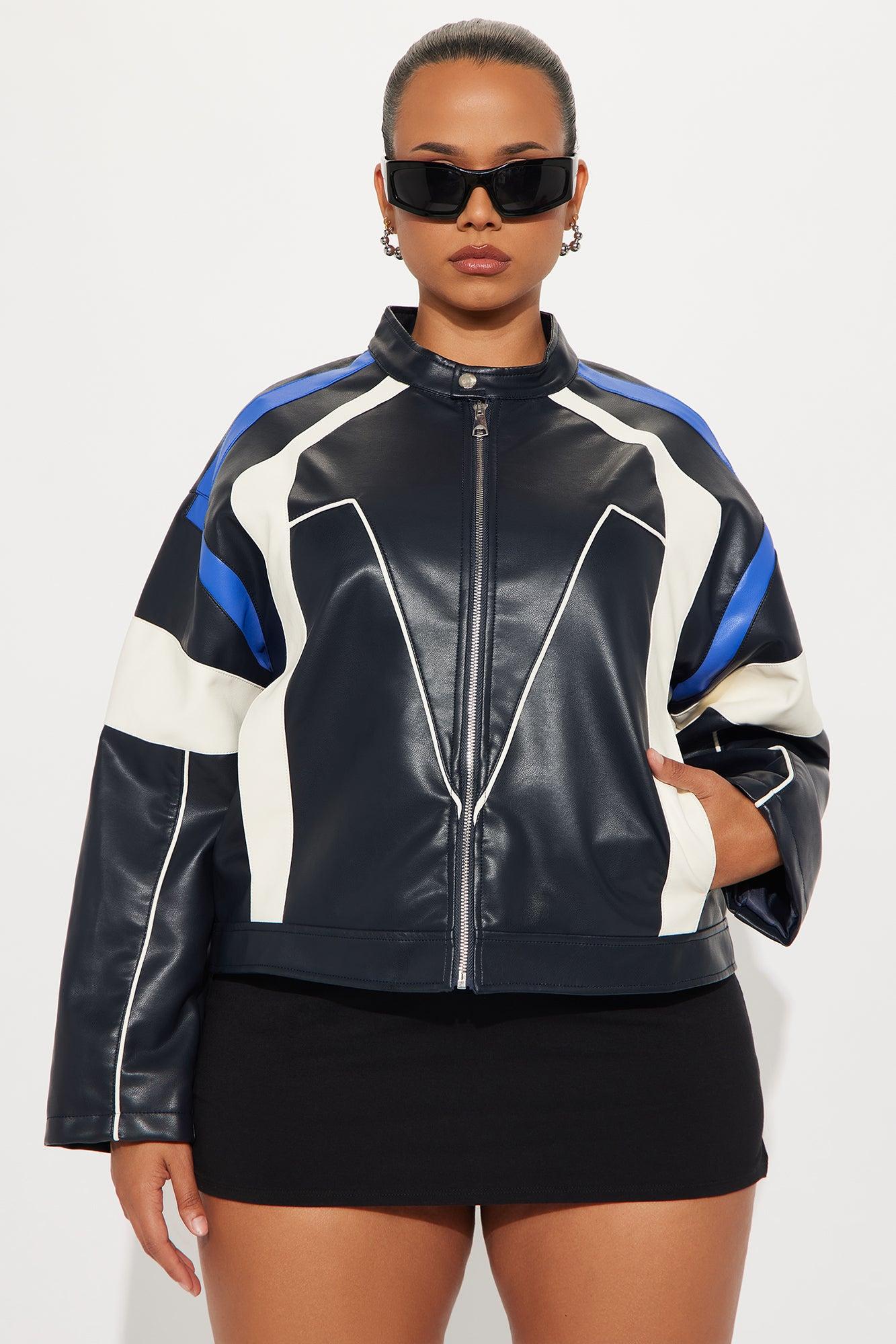 Sasha Faux Leather Moto Jacket - Royal/combo Female Product Image