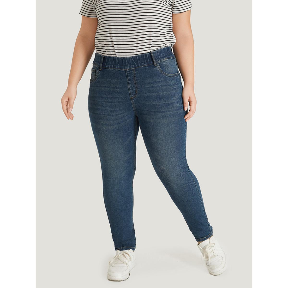 Plus Size Plain Elastic Waist Medium Wash Roll Hem Jeans Women Indigo Casual Plain Plain High stretch Pocket Jeans BloomChic 10/M Product Image