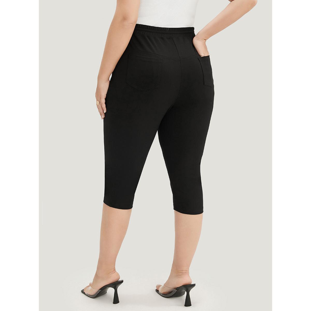 Plus Size Drawstring Elastic Waist Pocket Skinny Leggings Women Black Elegant High stretch Skinny Mid Rise Dailywear Leggings BloomChic 12/L Product Image