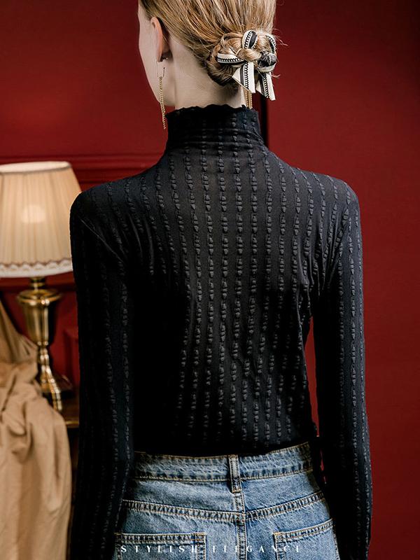 Long Sleeves Plus Size Jacquard See-Through Solid Color Split-Joint High Neck T-Shirts Tops Product Image