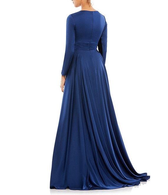 Ieena for Mac Duggal Deep V-Neck 3/4 Sleeve Satin A-Line Thigh High Slit Gown Product Image