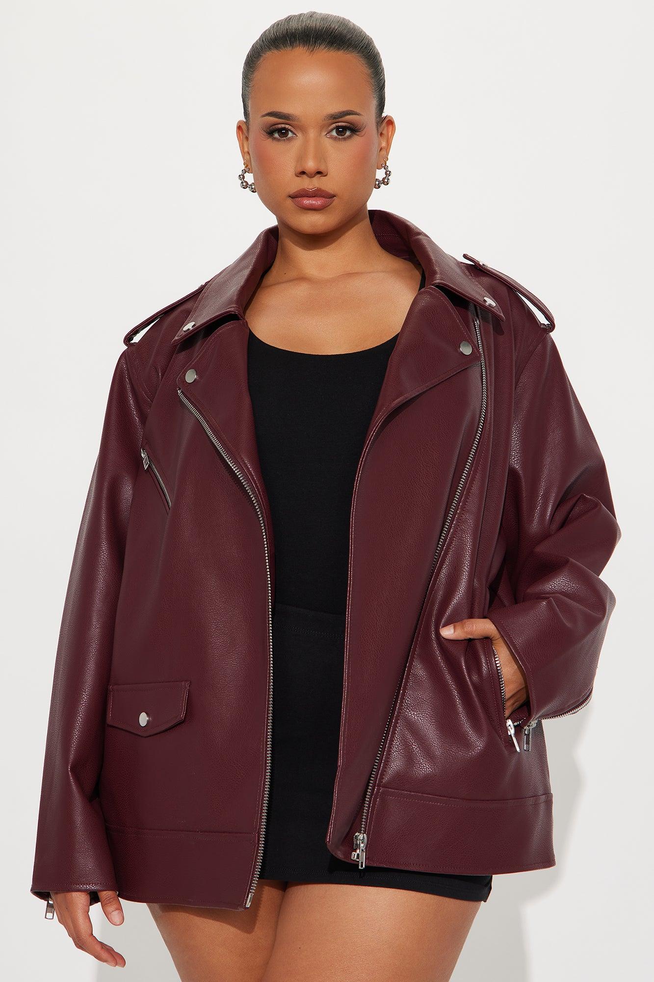 Phoebe Oversized Faux Leather Moto Jacket - Burgundy Female Product Image