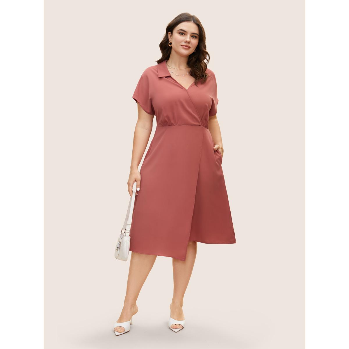 Plus Size Anti-Wrinkle Solid Shirt Collar Wrap Hem Dress Salmon Women At the Office Asymmetrical Shirt collar Short sleeve Curvy BloomChic 30/6X Product Image
