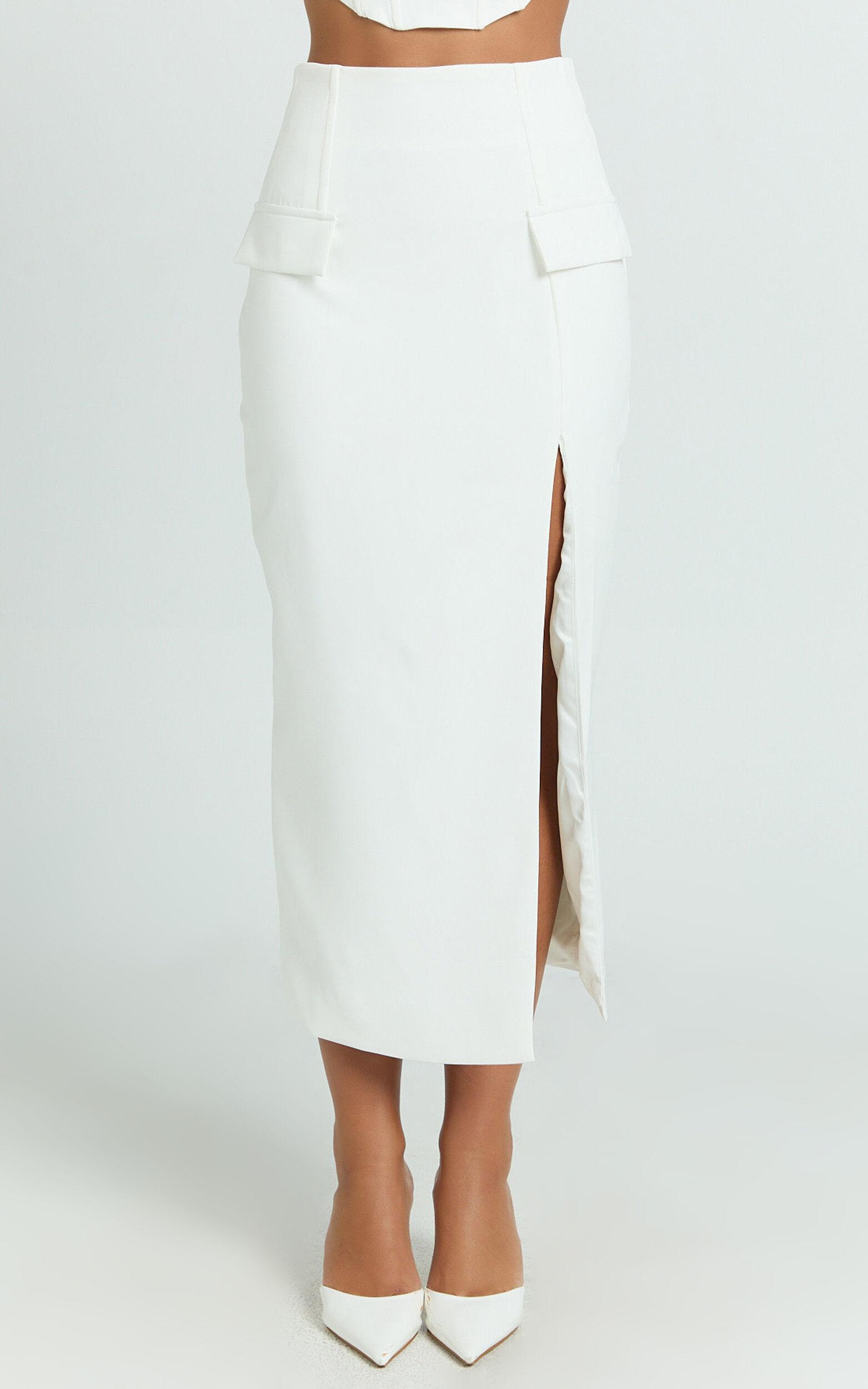 Davie Midi Skirt - High Waist Split Front Skirt in White Product Image