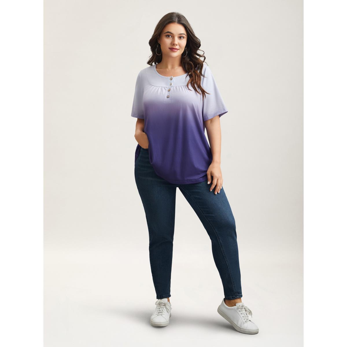 Plus Size Gradient Pleated Button-Front T-Shirt Deeppurple Women Casual Gathered Round Neck Everyday T-shirts BloomChic 14-16/1X Product Image