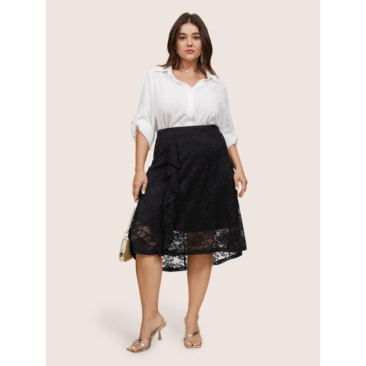 Plus Size Guipure Lace Elastic Waist Asymmetrical Ruffles Skirt Women Black At the Office Lined No stretch Office Skirts BloomChic 22-24/3X Product Image