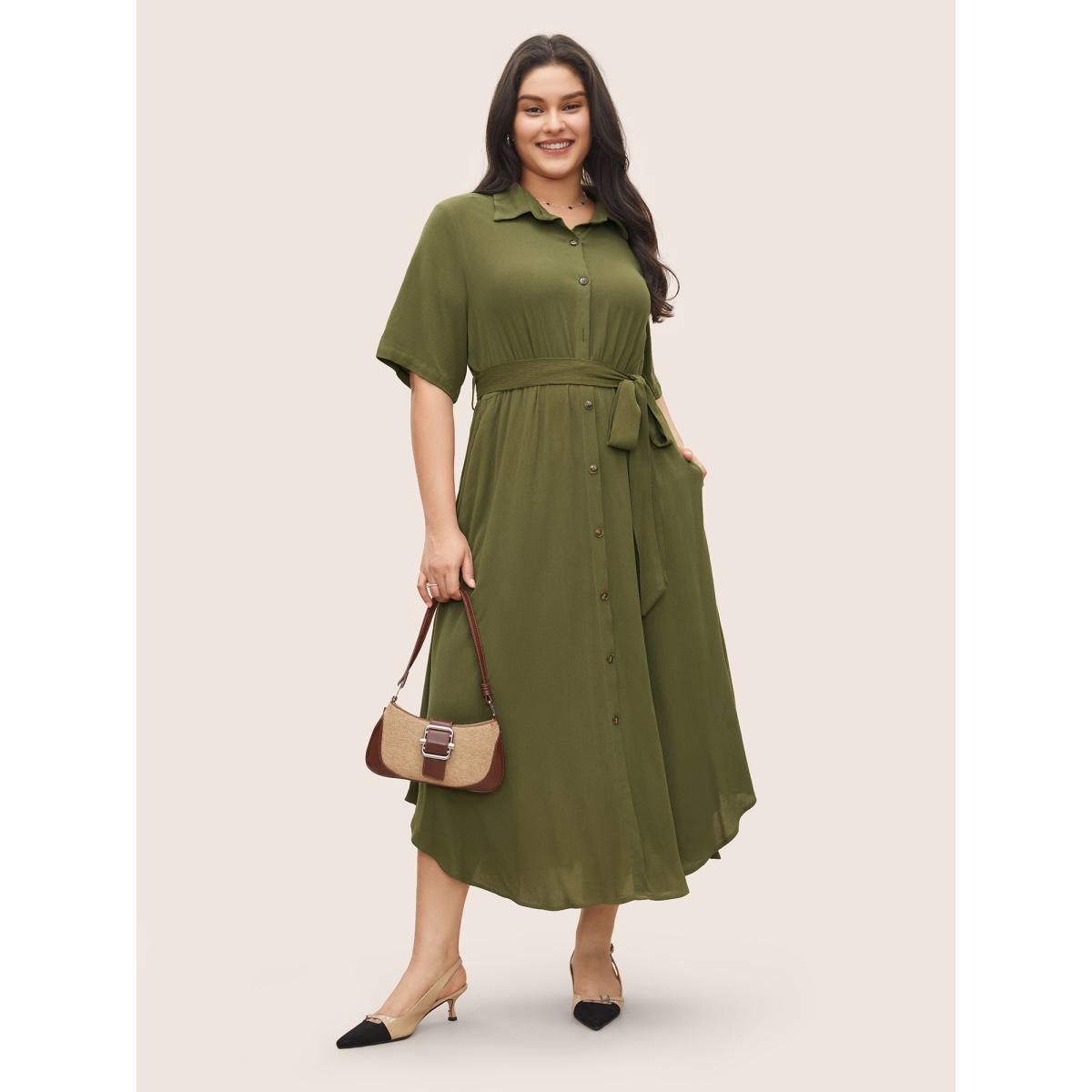 Belted Shirt Collar Button Plus Size Shirtdress Women Workleisure Plain Sleeve Short Sleeve Shirt Collar Pocket Workwear Long Dress BloomChic Product Image