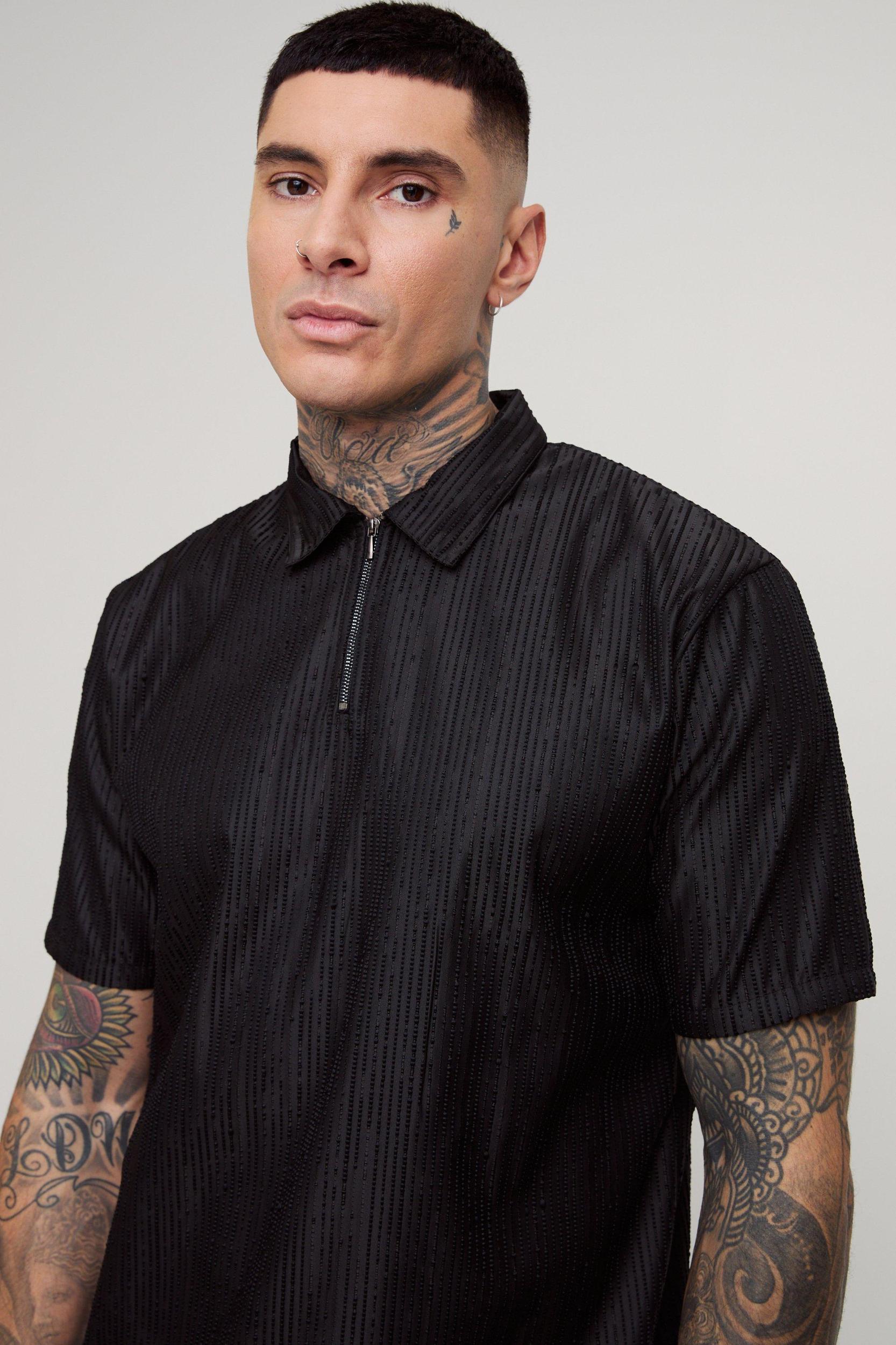 Tall Woven Rib Texture Oversized Zip Up Smart Polo Shirt | boohooMAN USA Product Image