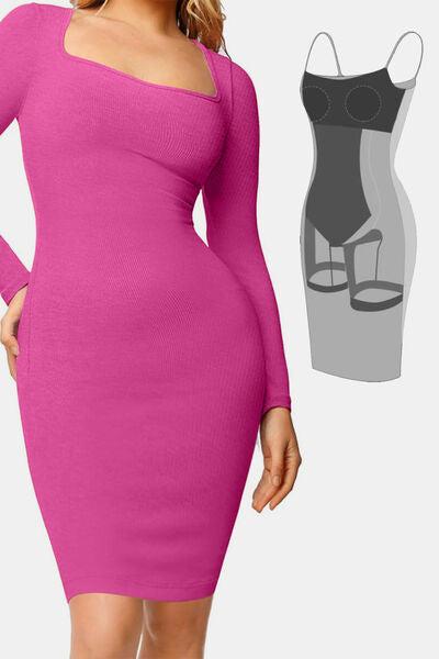 Basic Bae Full Size Built-In Shapewear Square Neck Long Sleeve Dress Product Image
