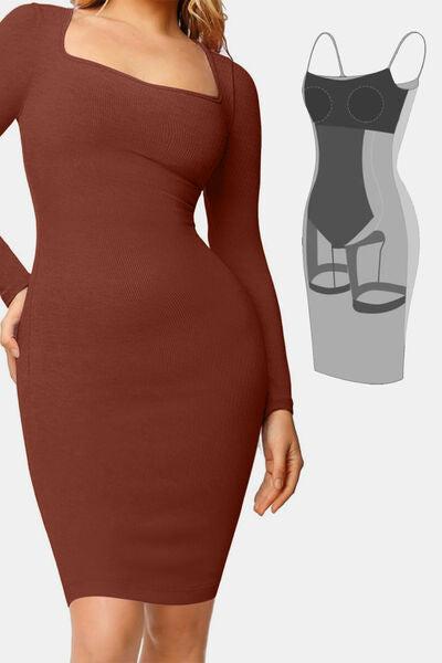 Basic Bae Full Size Built-In Shapewear Square Neck Long Sleeve Dress Product Image