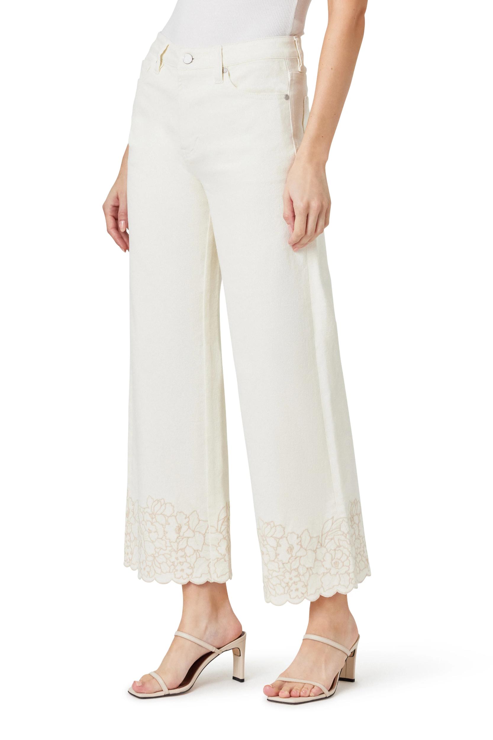 Wide Leg Embroidered Crop Jeans- Eggshell Product Image