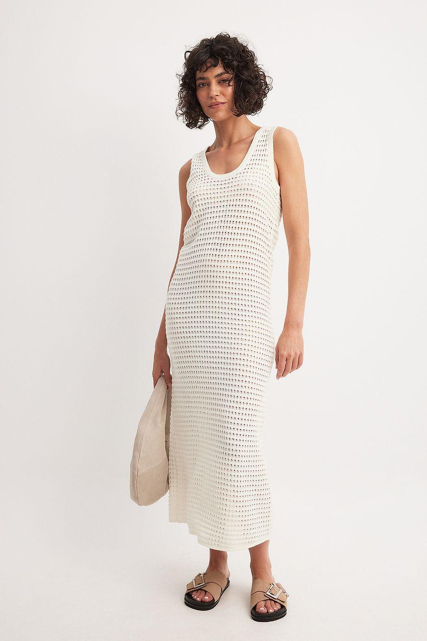 Knitted Crochet Midi Dress Offwhite Product Image