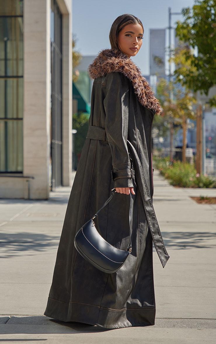 Washed Brown Detachable Leopard Faux Fur Trim PU Trench Coat Product Image