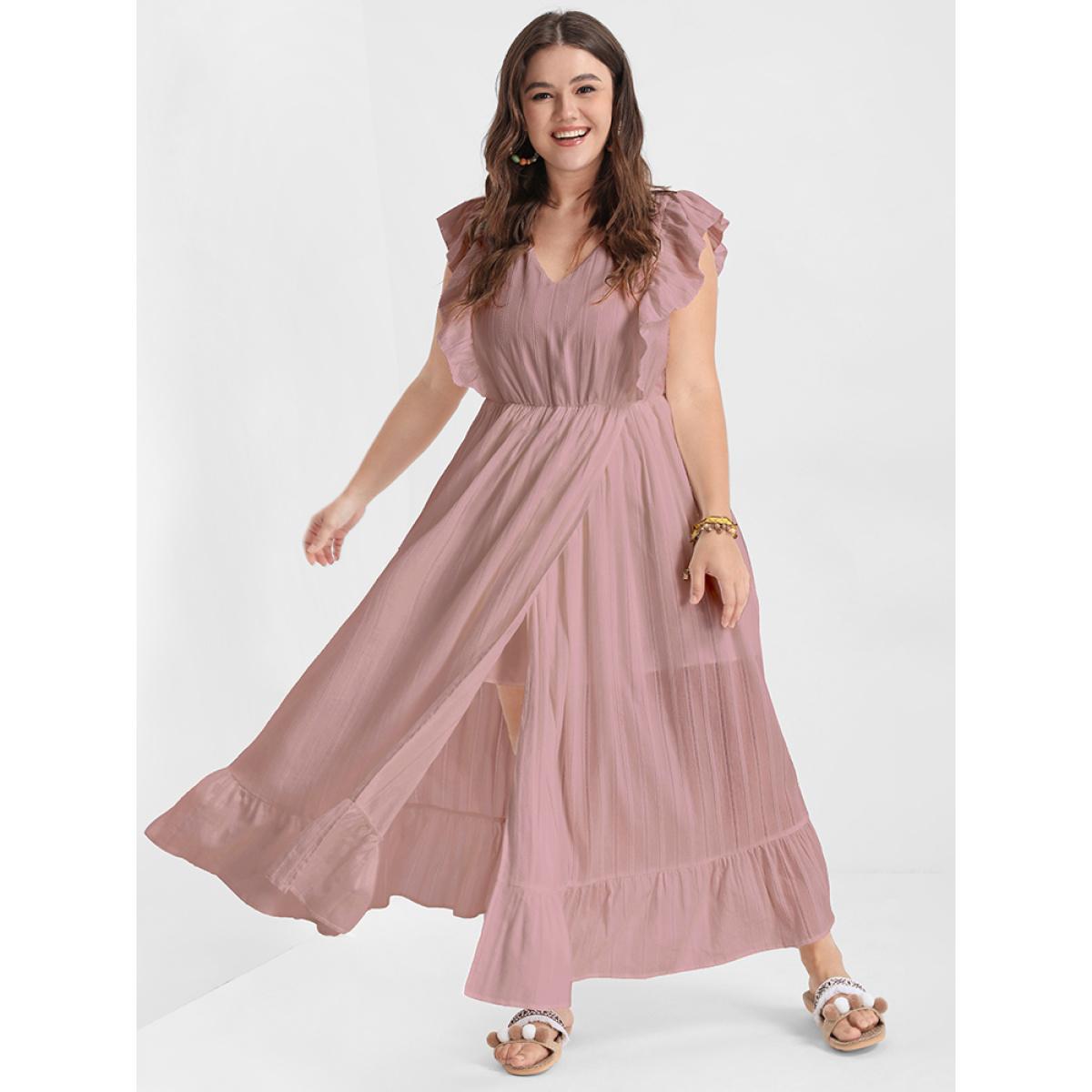 Plus Size Solid V Neck Ruffles Split Pocket Maxi Dress DustyPink Women Elegant Pocket V-neck Cap Sleeve Curvy Long Dress BloomChic 30/6X Product Image