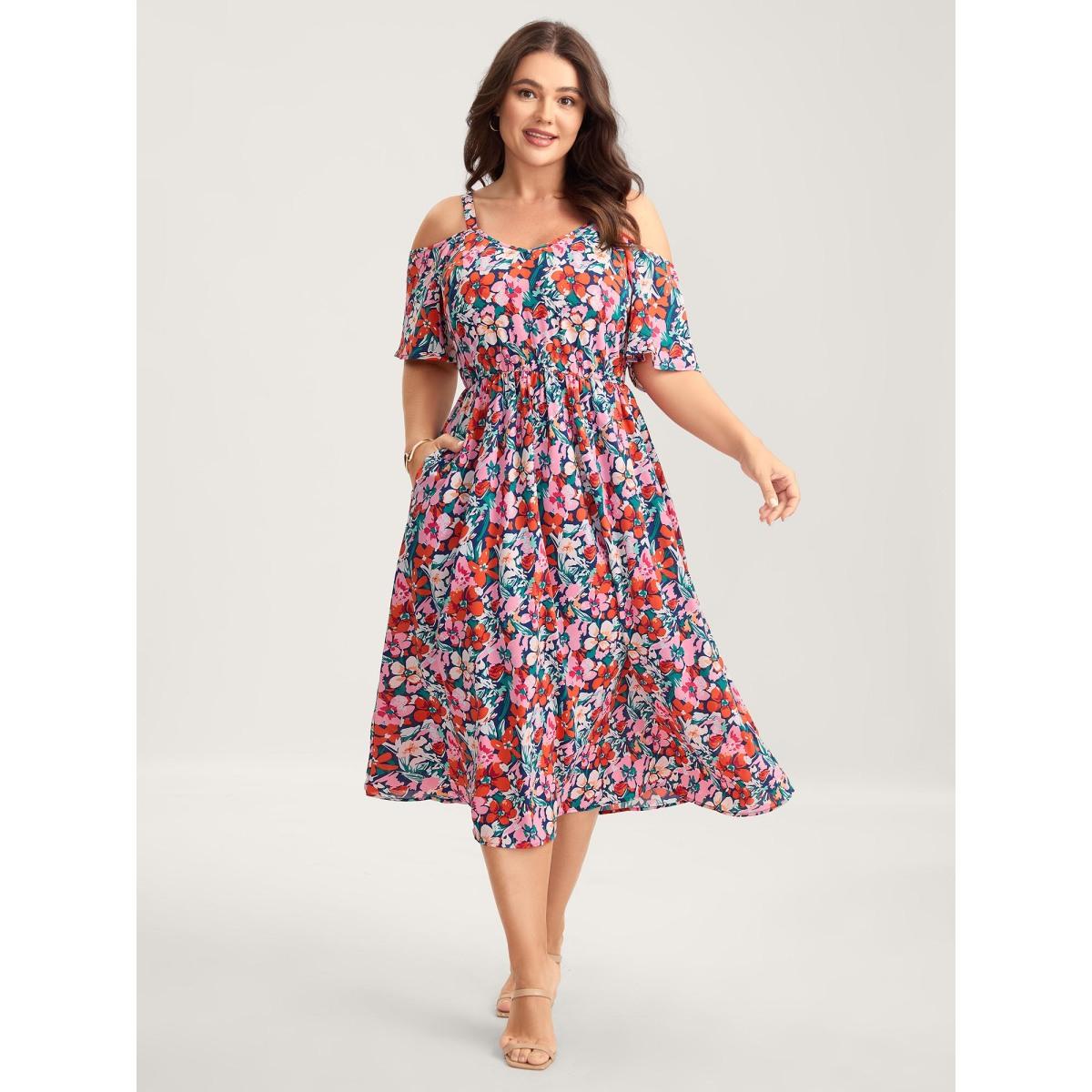 Plus Size Floral Print Off-Shoulder Pockets Midi Dress DarkBlue Women Heart neckline Short sleeve Curvy BloomChic 18-20/2X Product Image