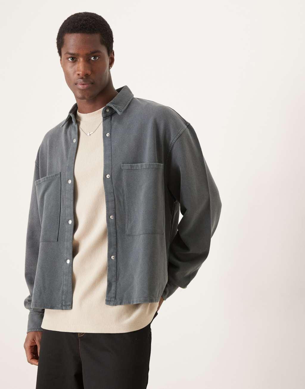 ASOS DESIGN oversized shacket with volume sleeves in charcoal cotton Product Image