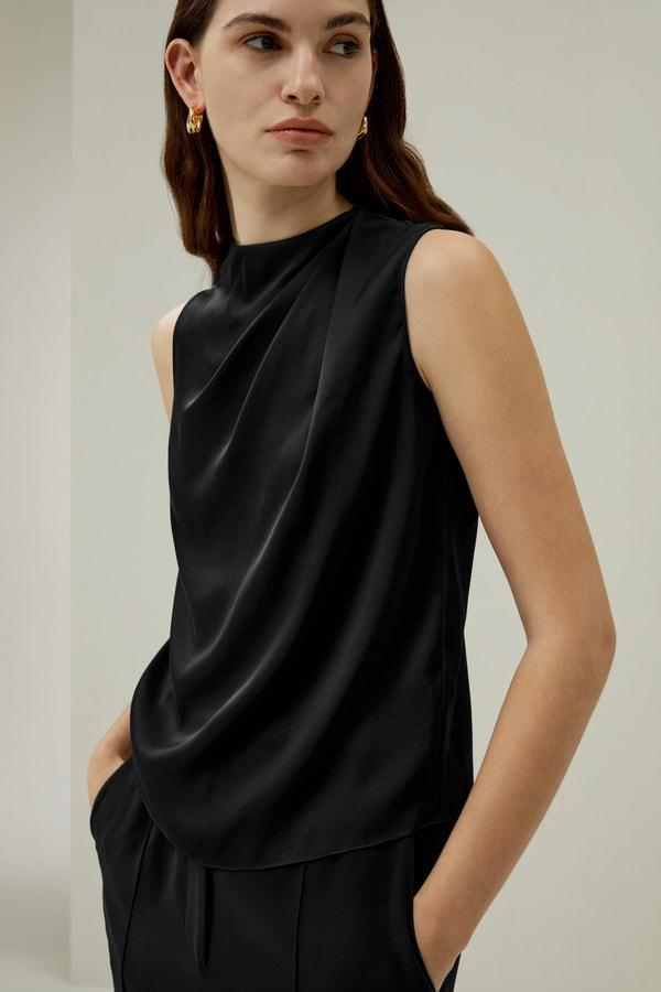 LILYSILK Silk Sleeveless Top - for Women - Black Silk Double Joe - Distinctive Half-Turtleneck Tops L Product Image