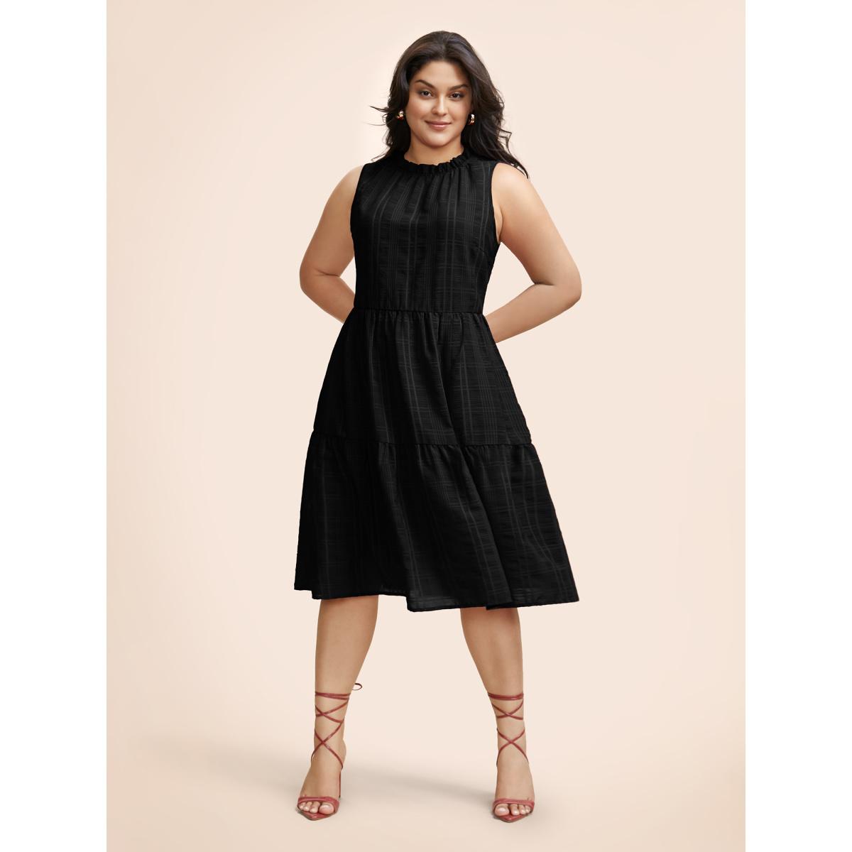 Plus Size Plaid Stand Collar Frill Trim Sleeveless Dress Black Women Elegant Texture Stand-up collar Sleeveless Curvy BloomChic 28/5X Product Image