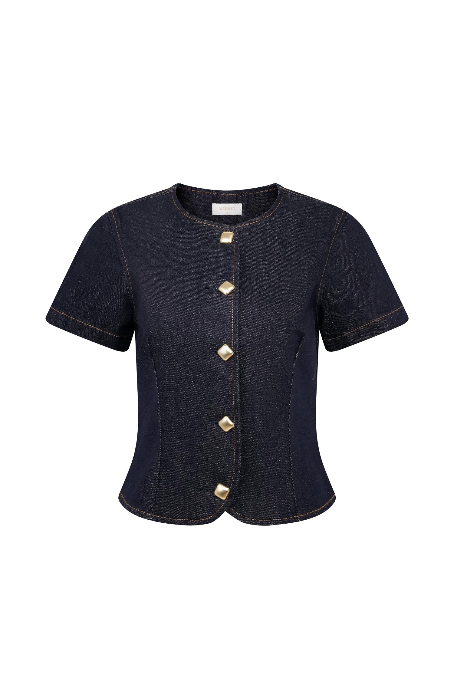 Bethany Short Sleeve Buttoned Denim Top - Washed Indigo Blue Product Image