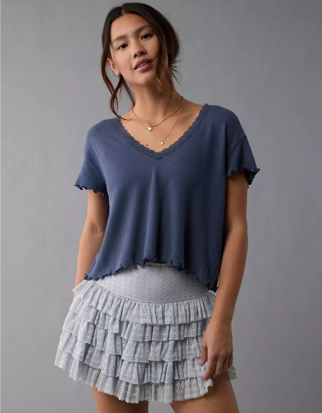AE Soft & Sexy V-Neck Cropped Waffle T-Shirt Product Image