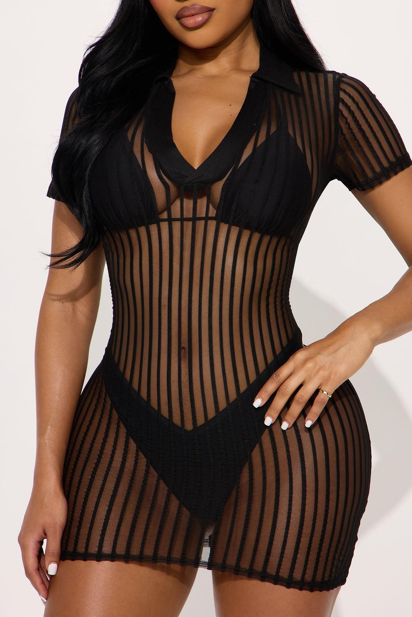 Palm Shade Stripe Collared Cover Up Mini Dress - Black Product Image