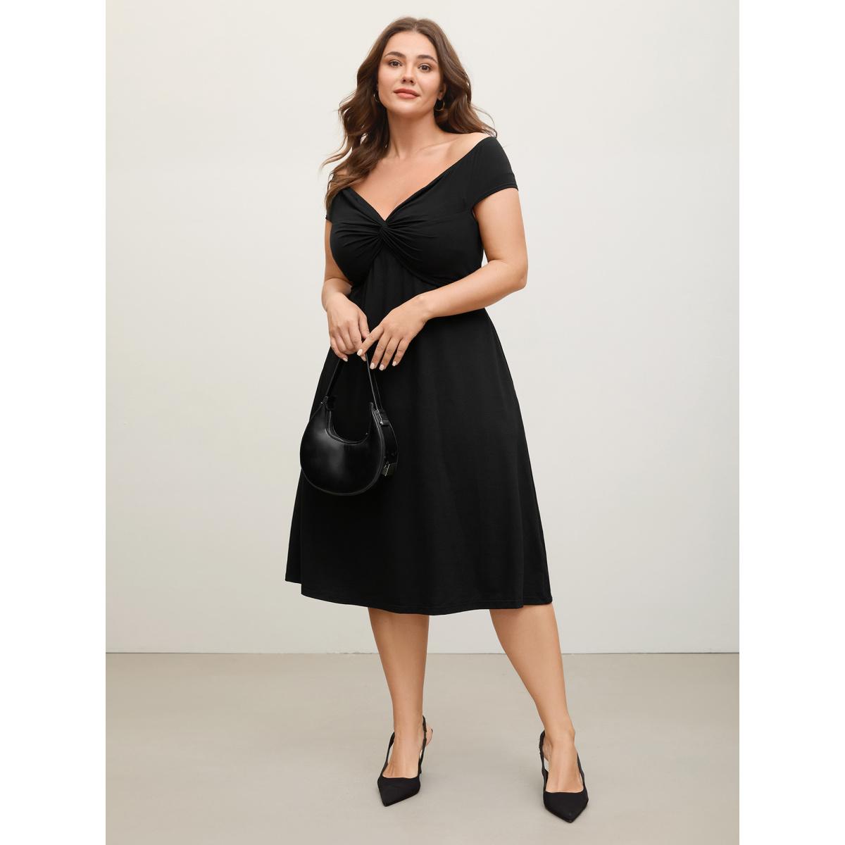 Plus Size Twist Front Off-Shoulder Pockets Midi Dress Black Women Office One-shoulder neck Cap Sleeve Curvy BloomChic 12/L Product Image