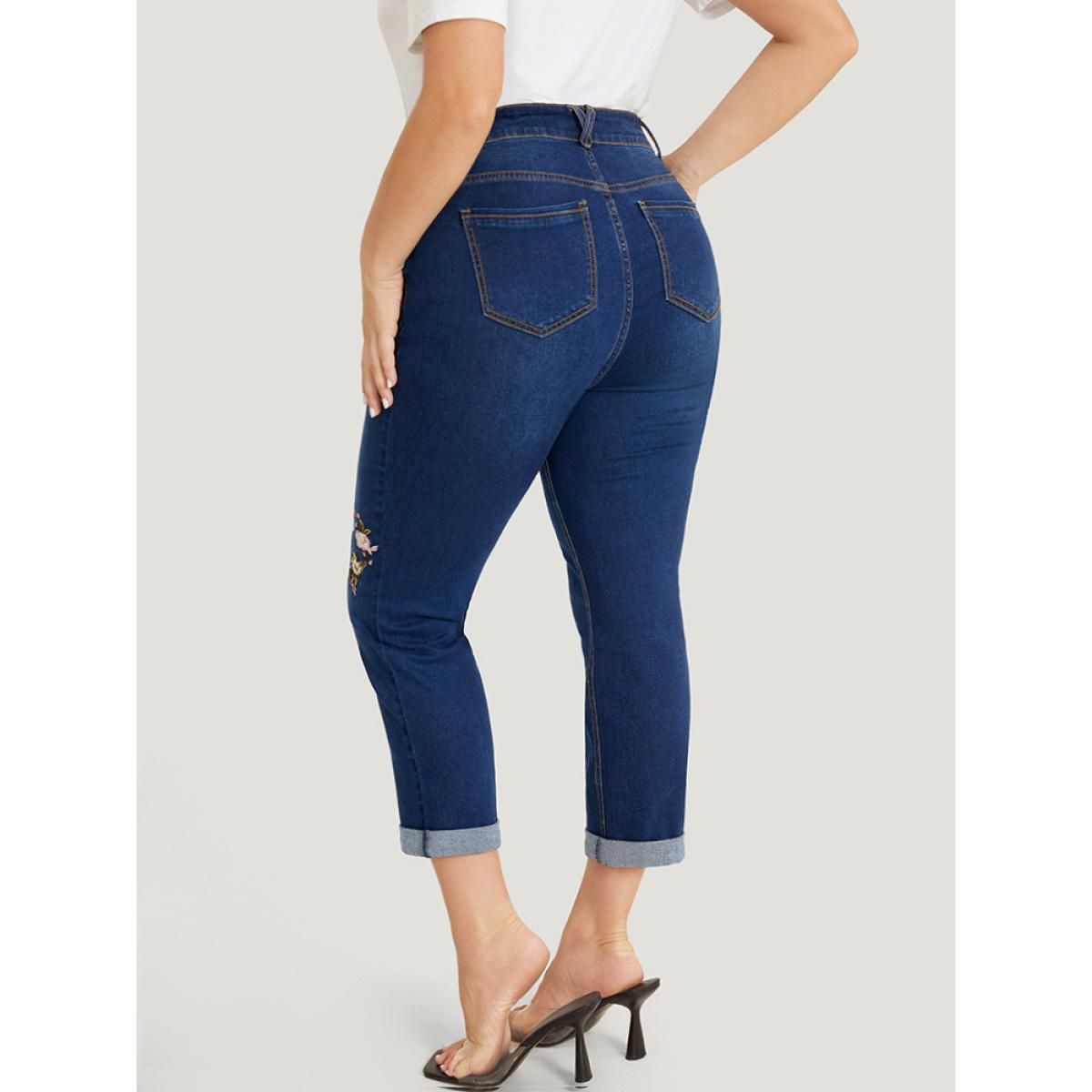 Plus Size Straight Leg Very Stretchy Dark Wash Floral Embroidered Jeans Women DarkBlue Casual Plain Embroidered High stretch Jeans BloomChic 10/M Product Image