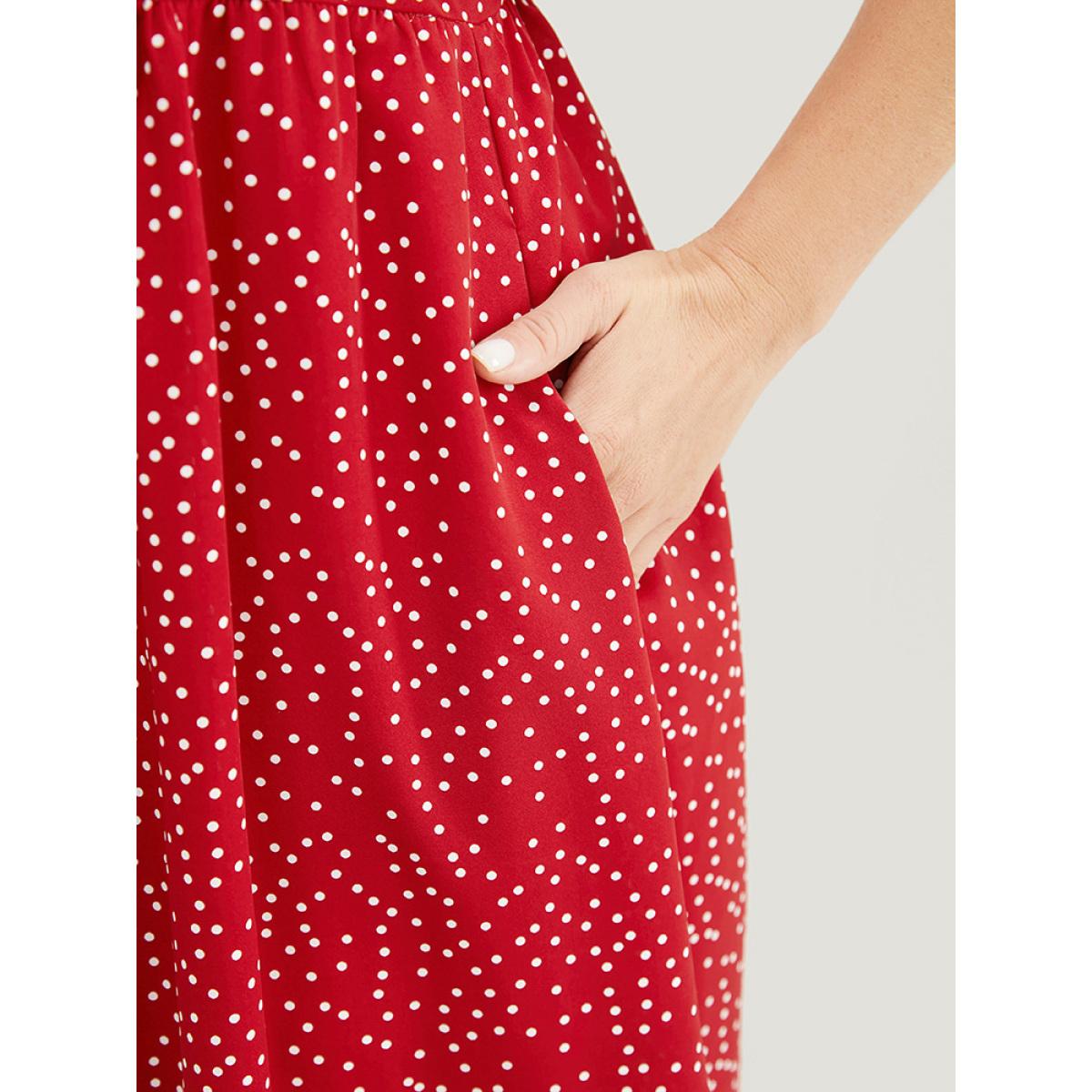Plus Size Polka Dot Button Detail Knotted Pocket Cami Dress Crimson Women Elegant Adjustable Straps Spaghetti Strap Sleeveless Curvy Knee Dress BloomChic 14-16/1X Product Image