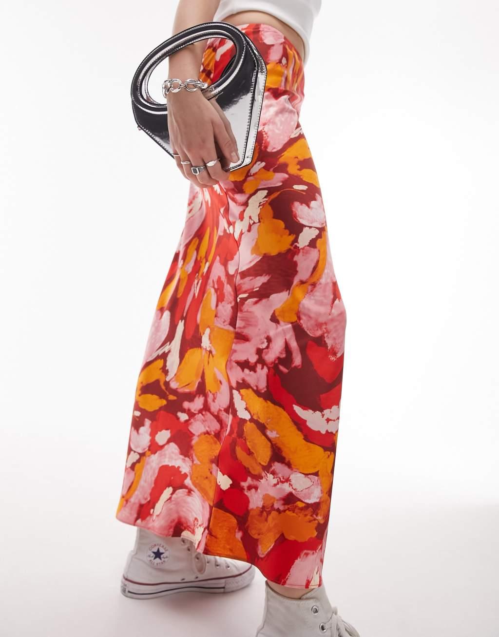 Topshop orange floral print bias maxi skirt Product Image