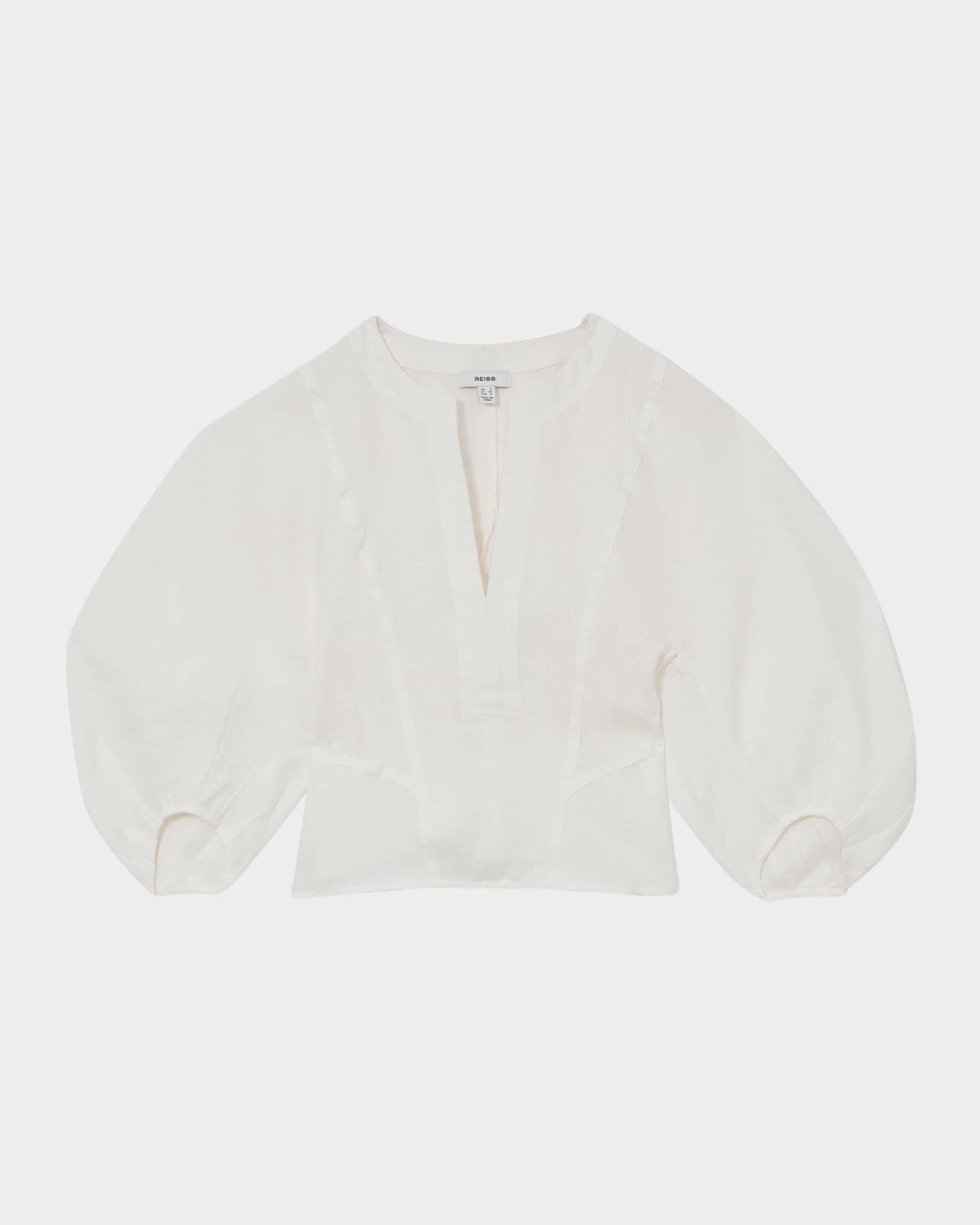 Remi Cropped Blouson-Sleeve Linen Blouse Product Image