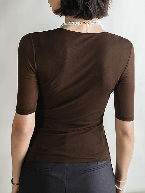 Half Sleeves Skinny Pleated Solid Color V-Neck T-Shirts Tops Product Image