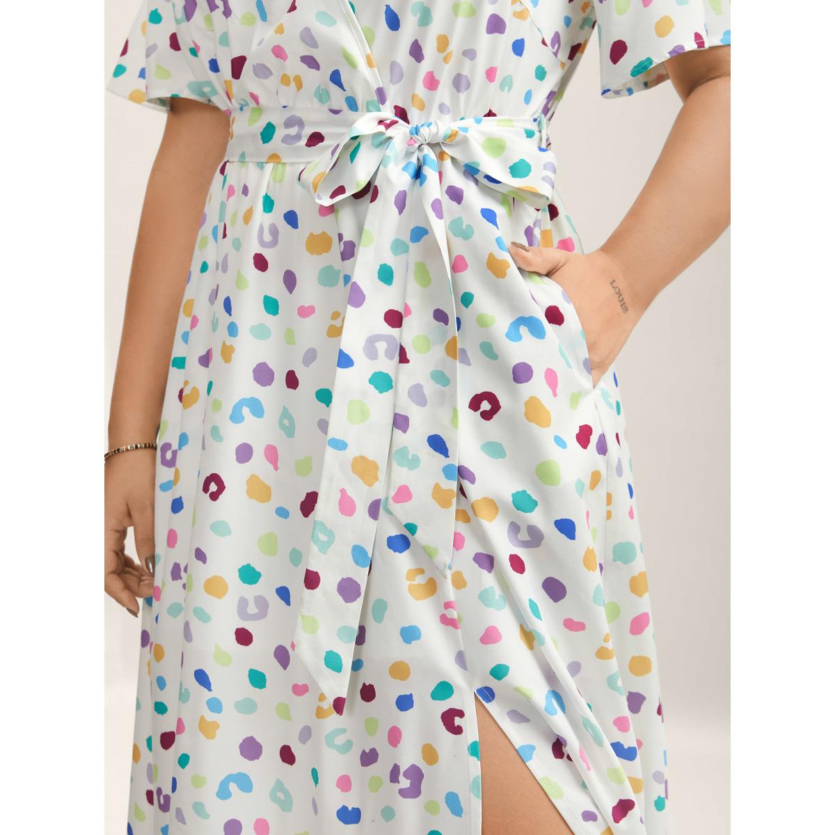 Plus Size Multi-Color Leopard Print Surplice Midi Dress Beige Women Overlap Collar Short sleeve Curvy BloomChic 26/4X Product Image