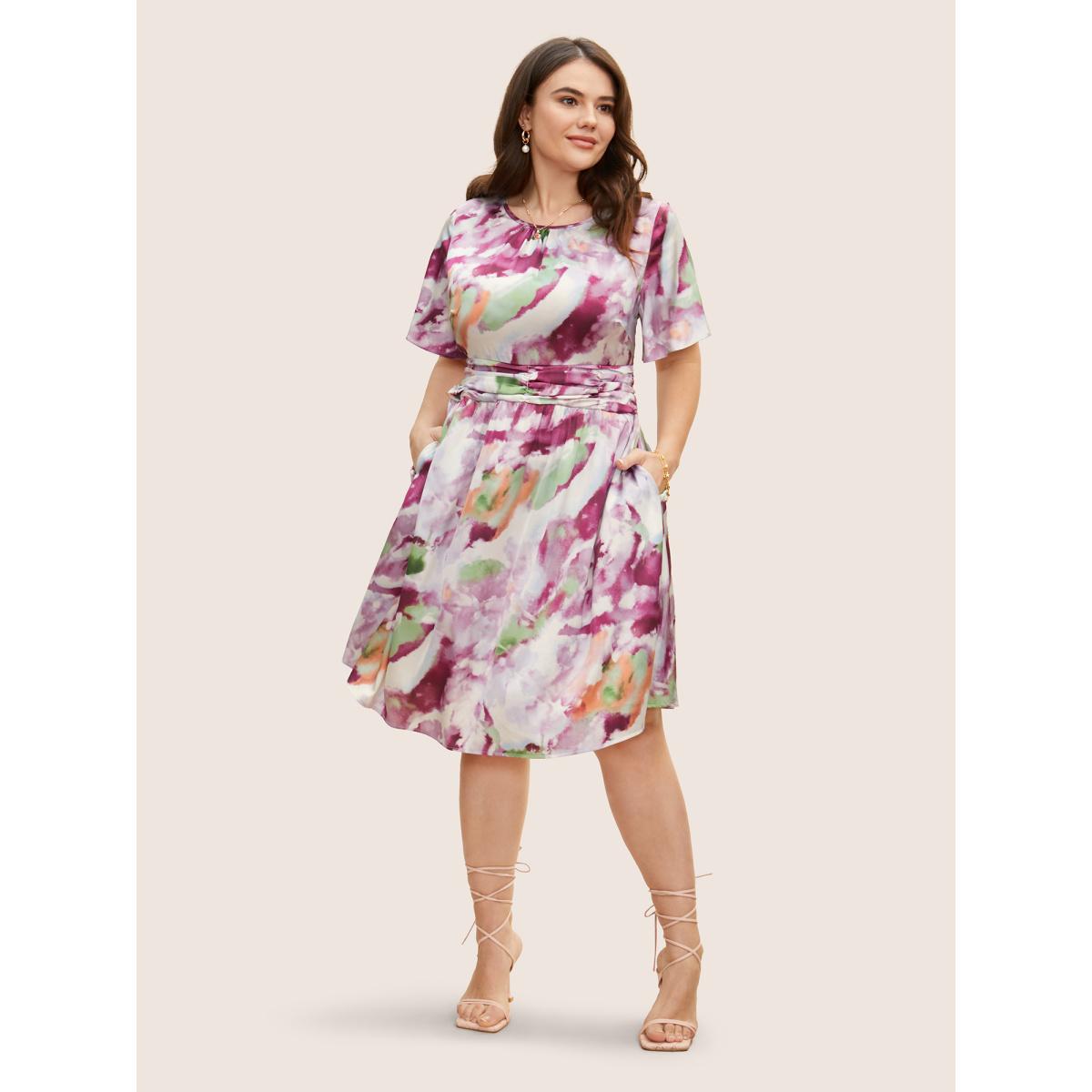 Plus Size Watercolor Floral Print Ruched Ruffle Sleeve Dress Lilac Women Elegant Gathered Round Neck Short sleeve Curvy BloomChic 22-24/3X Product Image
