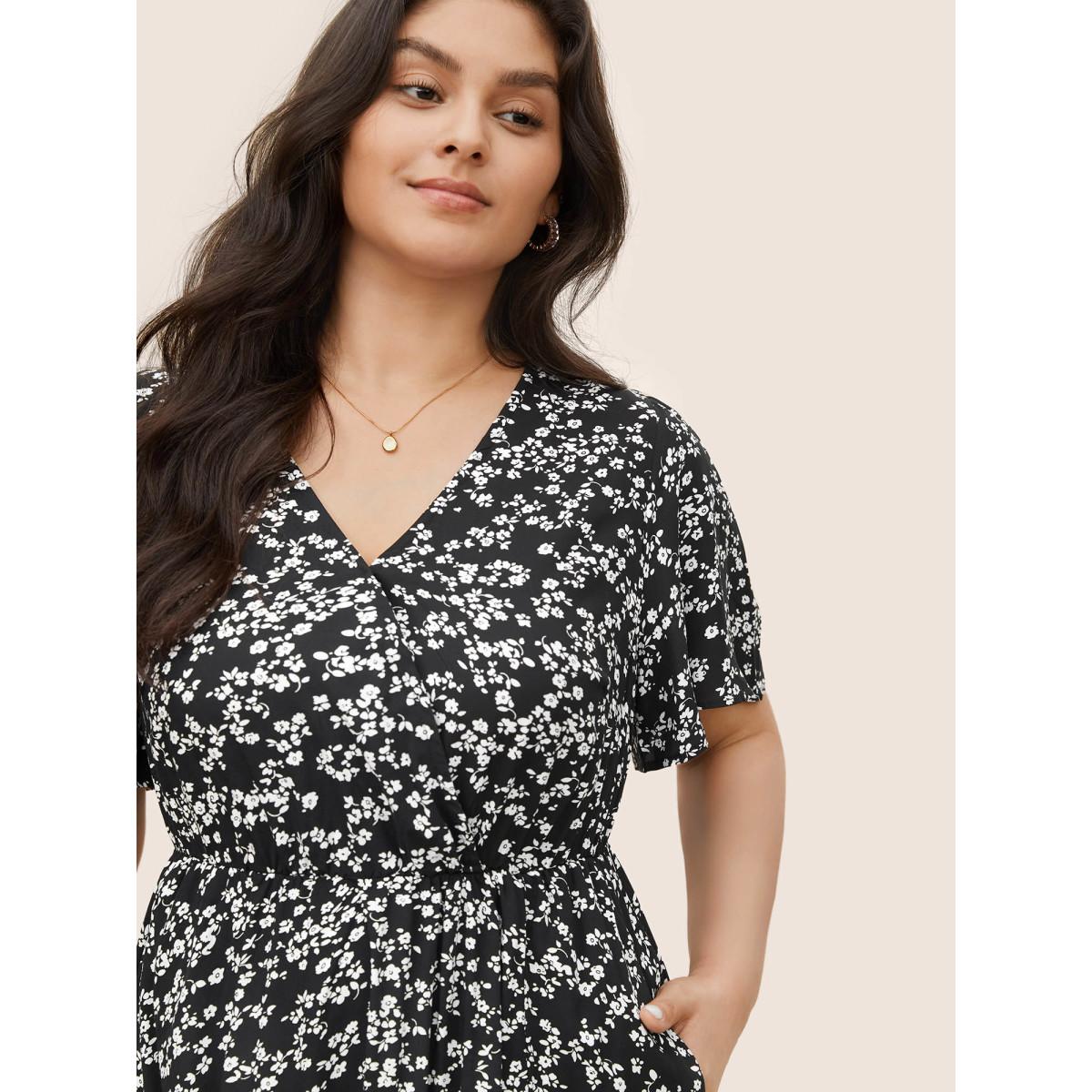 Plus Size Bloom Dress - Flutter Sleeve Ditsy Floral Pocket Split Maxi Dress LightGreen Women Romantic Slit V-neck Half Sleeve Curvy Long Dress BloomChic 10/M Product Image