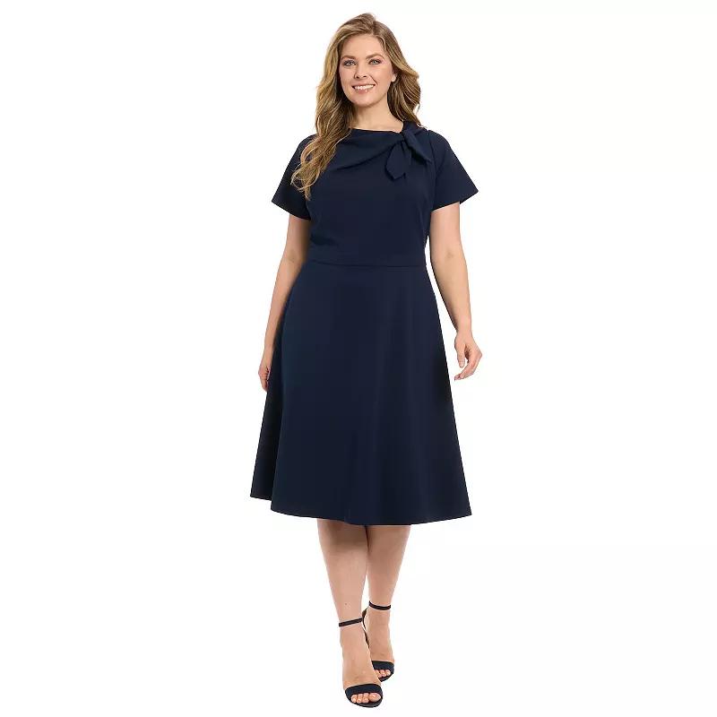 Plus Size London Times Tie Neck Fit and Flare Dress, Women's, Size: 22 W, Blue Product Image