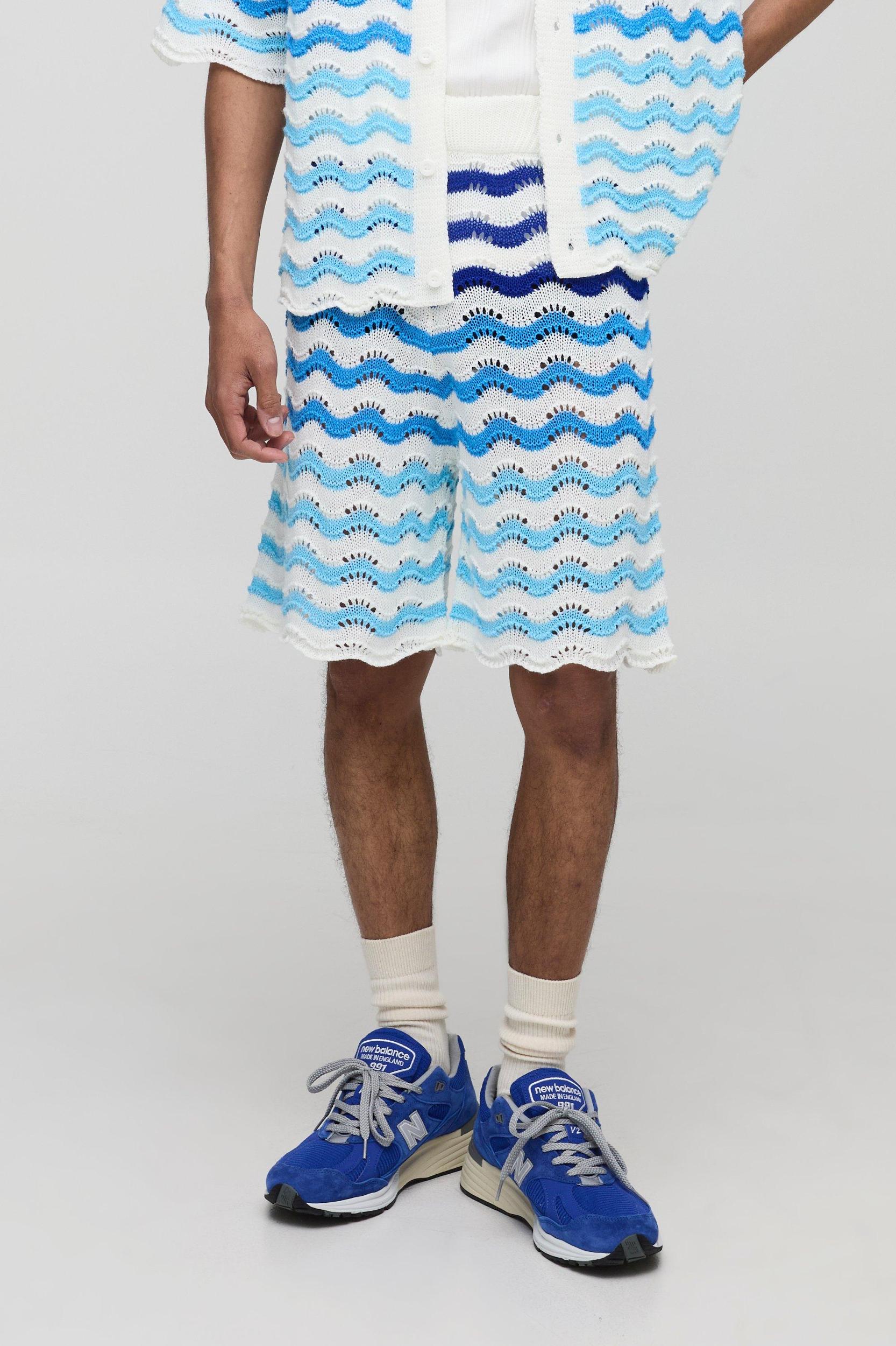 Relaxed Fit Striped Crochet Shorts | boohooMAN USA Product Image