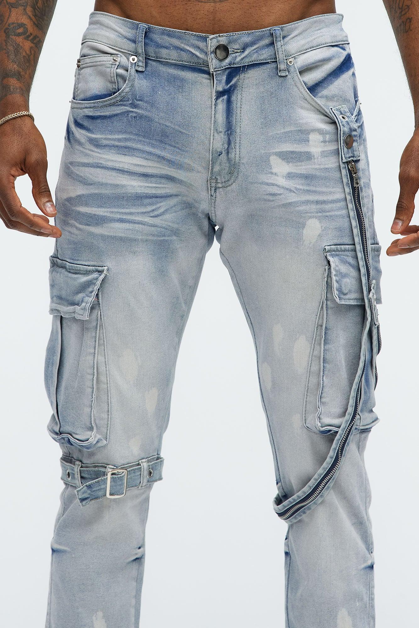 Buckle And Strap Stacked Skinny Jeans - Light Wash Product Image