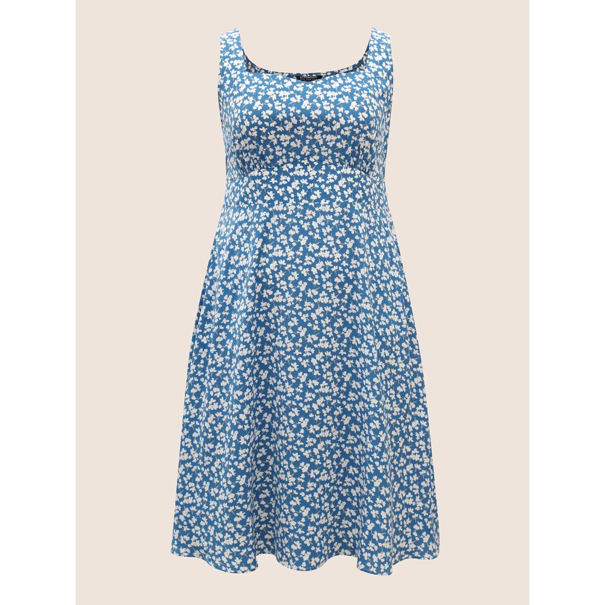 Plus Size Square Neck Ditsy Floral Shirred Dress Blue Women Elegant Shirred Square Neck Sleeveless Curvy BloomChic 18-20/2X Product Image