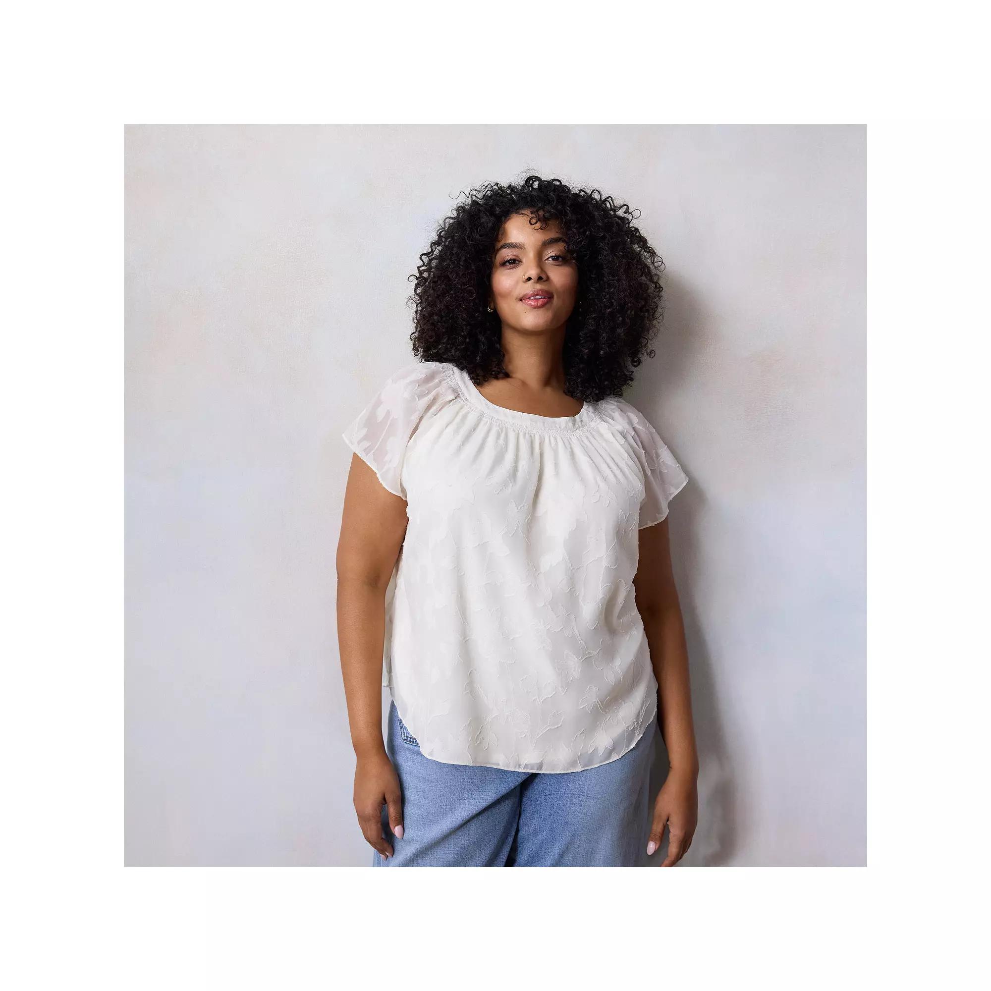 Plus Size LC Lauren Conrad Tie-Front Shirred Neck Top, Women's, Size: 1XL, Ivory Silk Product Image