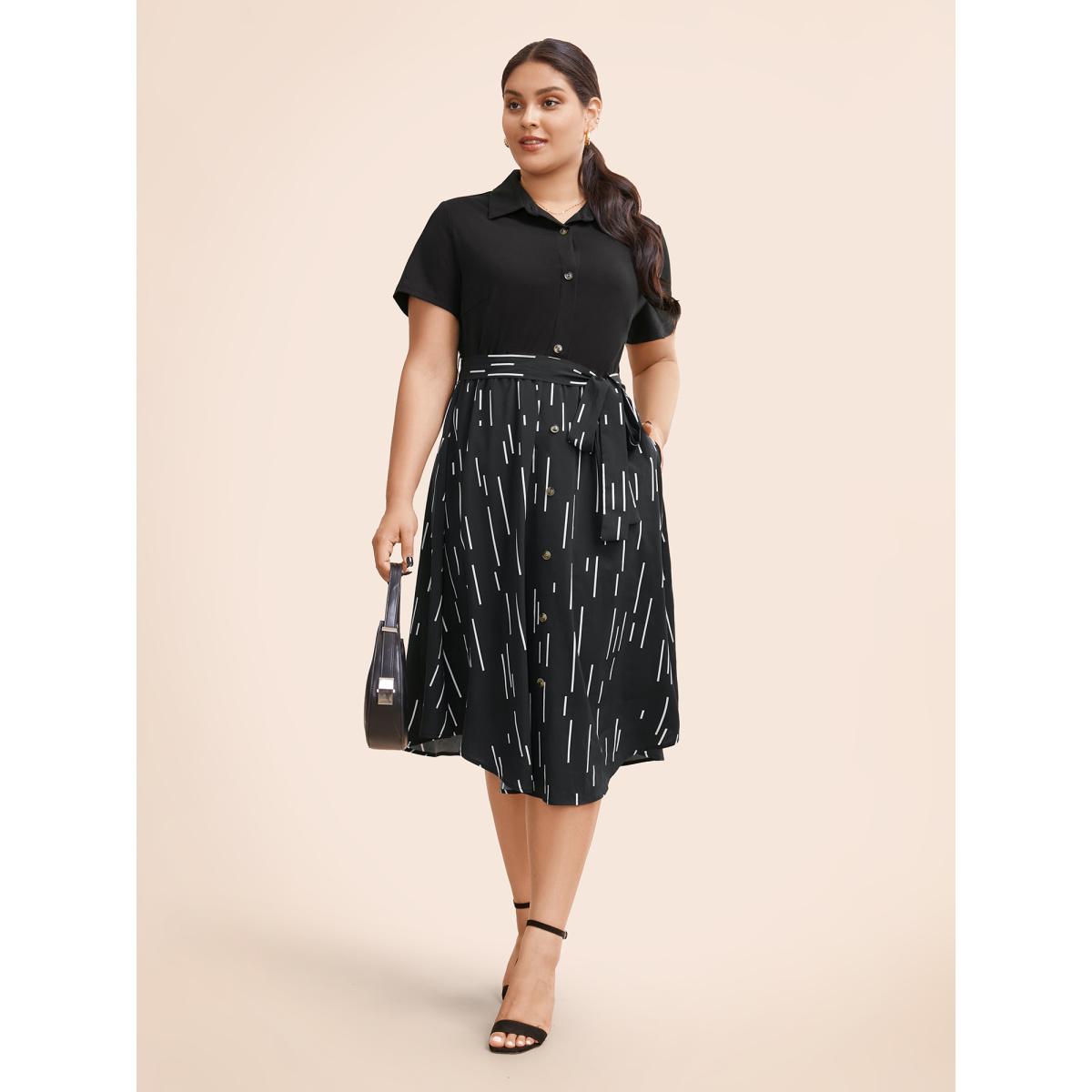 Plus Size Striped Patchwork Button Detail Belted Dress Black Women Workwear Essentials Belted Shirt collar Short sleeve Curvy BloomChic 30/6X Product Image
