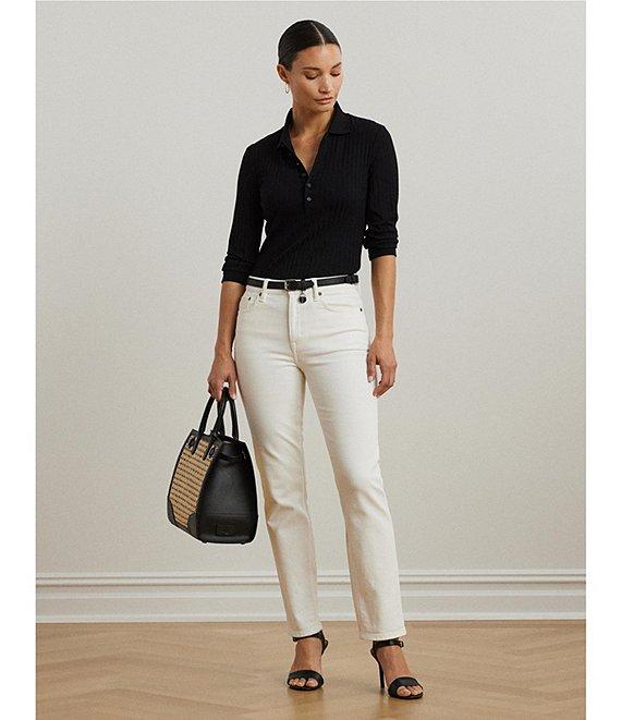 Lauren Ralph Lauren Rib-Knit Polo Collar 3/4 Sleeve Shirt Product Image