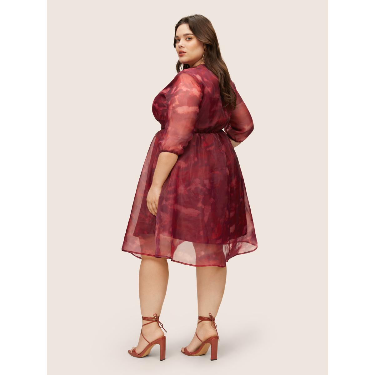 Plus Size Pixel Flower Mesh Gathered Lantern Sleeve Dress RedViolet Women Elegant Non V-neck Elbow-length sleeve Curvy Midi Dress BloomChic 10/M Product Image