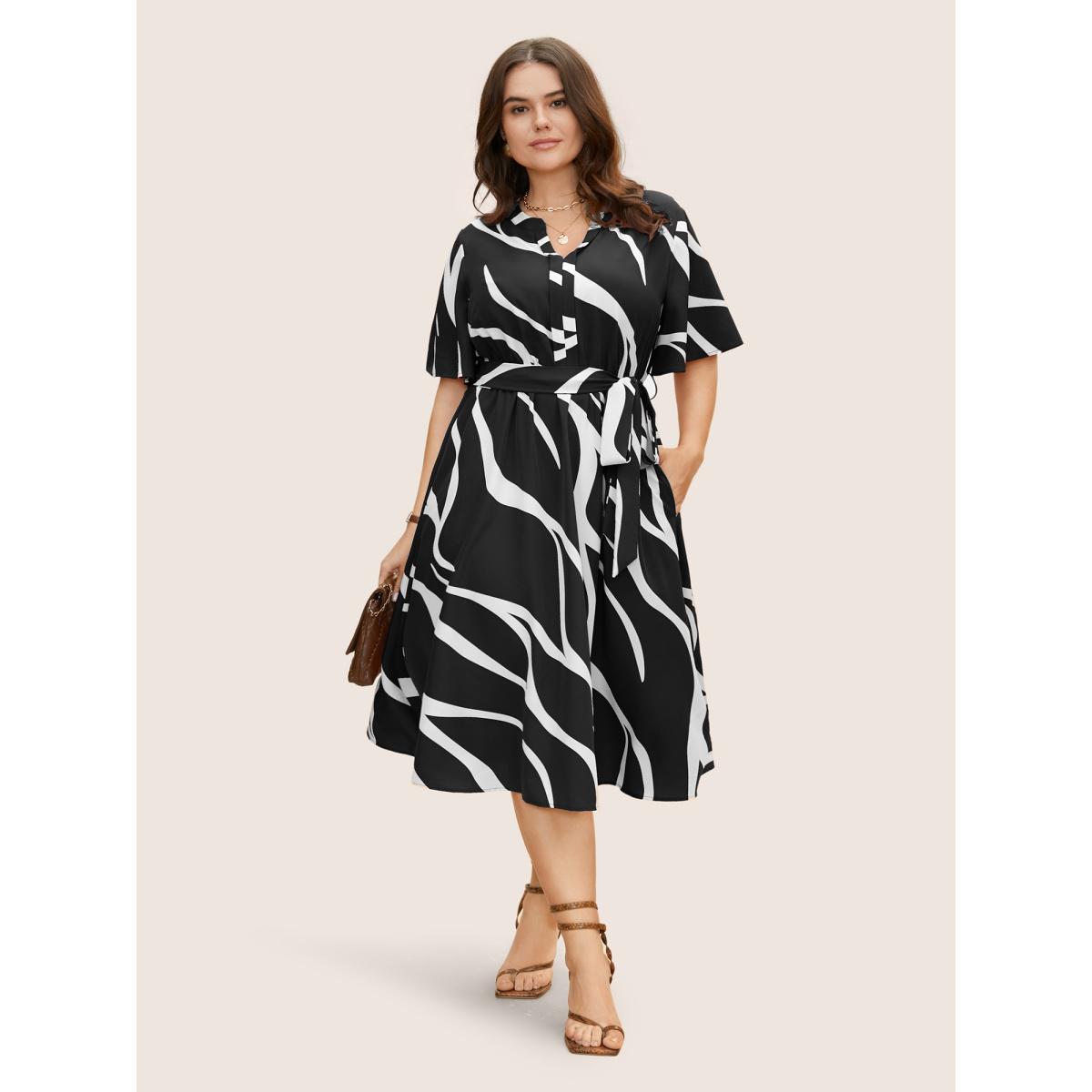Plus Size Geometric Surplice Neck Tie Knot Midi Dress Black Women At the Office Belted Flat collar with V-notch Short sleeve Curvy BloomChic 12/L Product Image