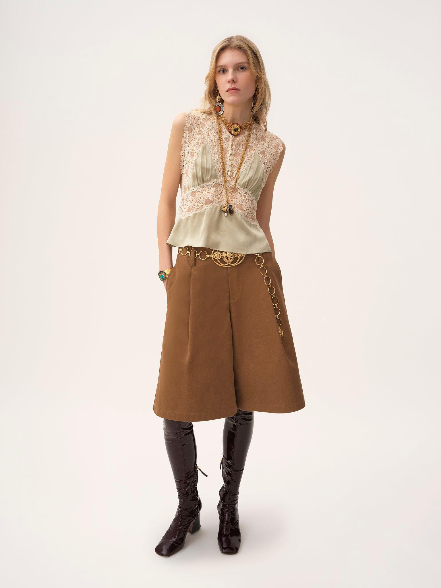 V-neck top in silk satin & lace Product Image