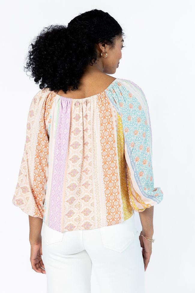 Come Along Multi Floral Patch Print Woven Pop Over Blouse FINAL SALE Product Image