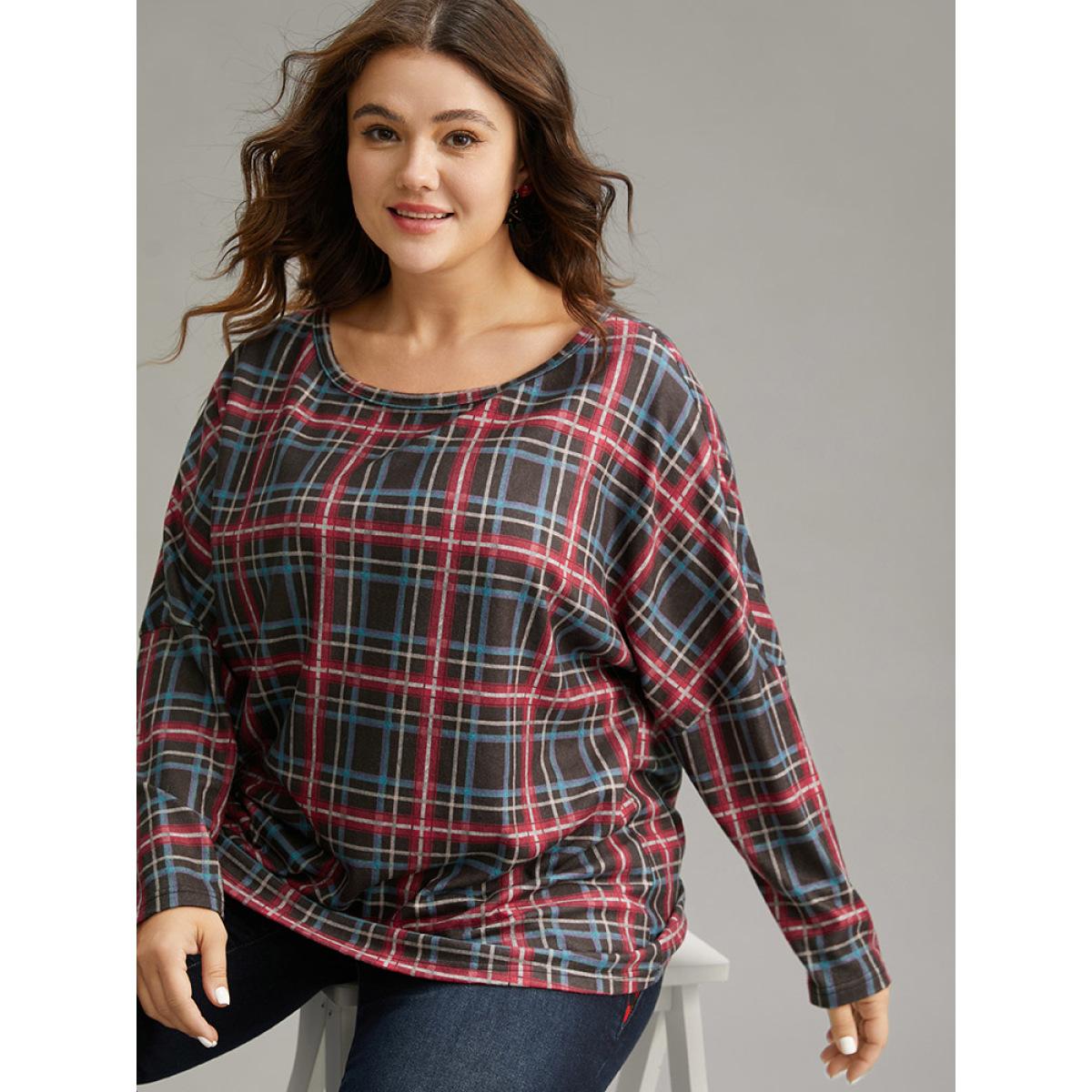Plus Size Plaid Dolman Sleeve Round Neck T-shirt Multicolor Women Casual Contrast Plaid Round Neck Festival-Christmas T-shirts BloomChic 30/6X Product Image
