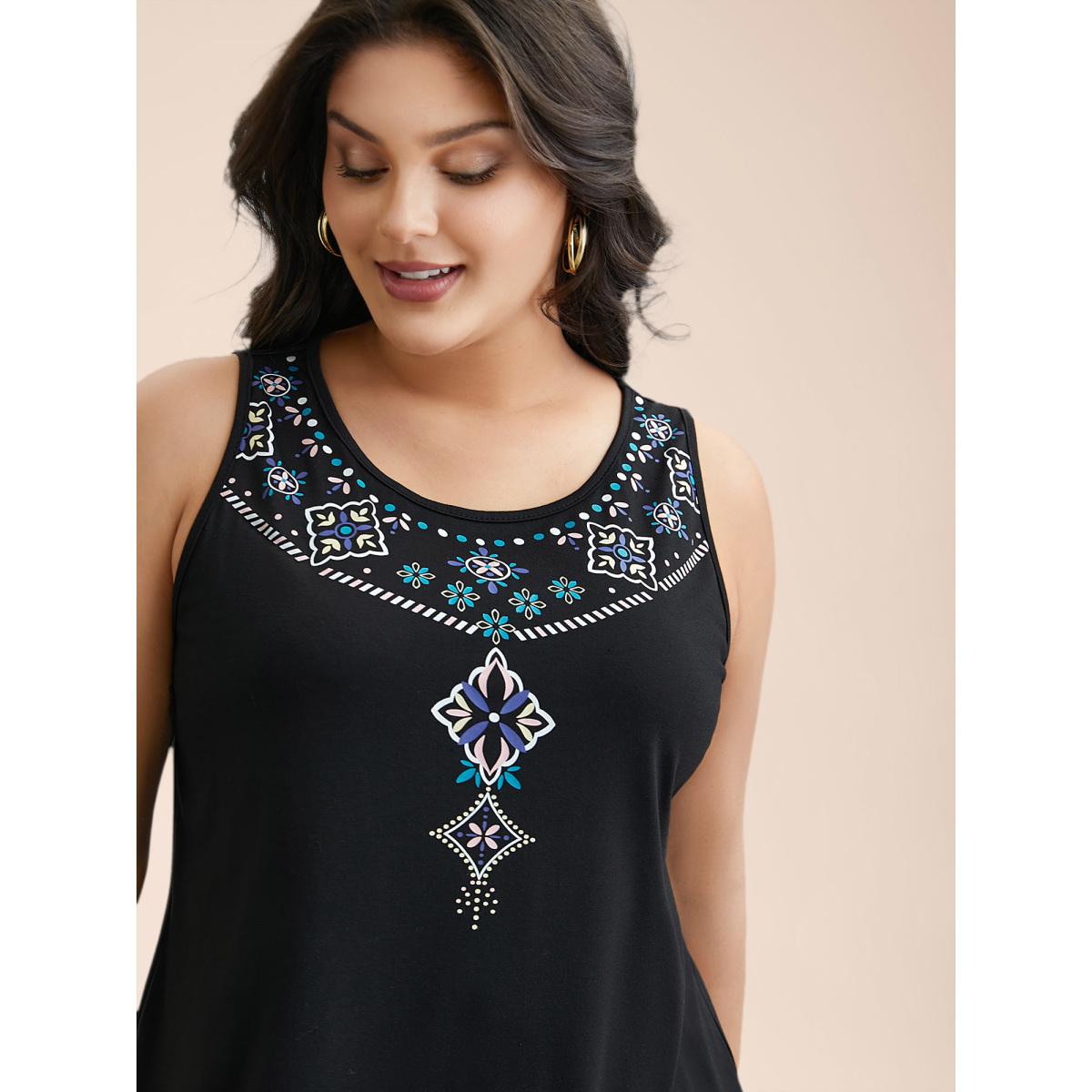 Plus Size Boho Print Stretchy Round Neck Vest Women Black Leisure Non Round Neck Casual Tank Tops Camis BloomChic 22-24/3X Product Image