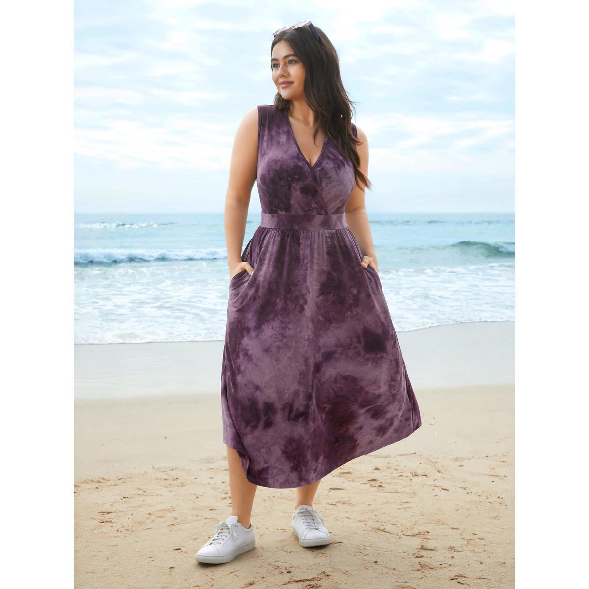 Plus Size Tie-Dye Surplice Neck Curved Hem Midi Dress Eggplant Women Leisure Non Knit Dresses Bloomchic 10/M Product Image